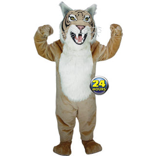 a person in a tan wildcat mascot uniform with a 24 hour shipping graphic