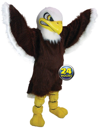 a person in an eagle mascot uniform with a 24 hour graphic on it