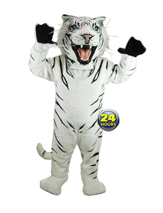 White tiger mascot costume with black stripes on a white background