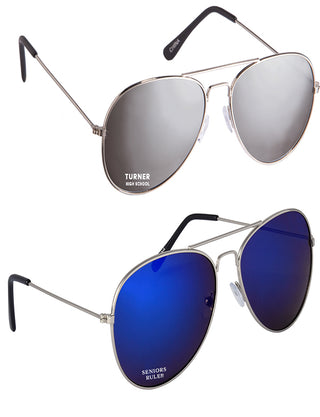 Two pairs of aviator sunglasses with silver and blue colored lenses on a white background.