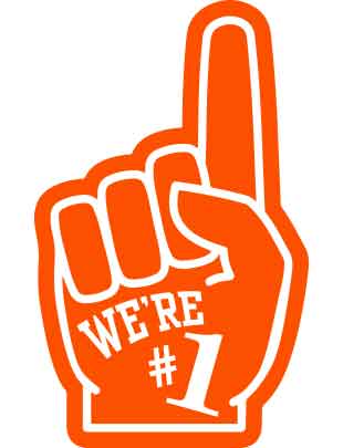 a temporary tattoo design of an orange foam finger that says "we're #1"