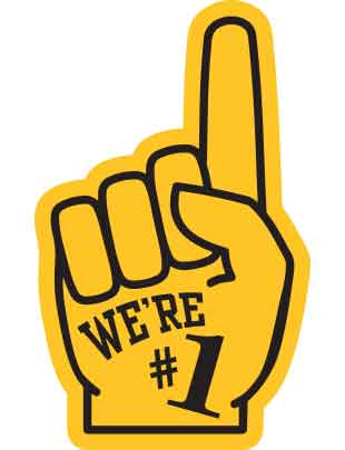 A gold foam finger temporary tattoo with the text 'WE'RE #1' printed on it.