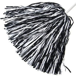 a black and white shaker pompom on a white stick handle