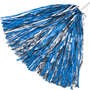 a columbia blue and grey shaker pompom on a white stick handle