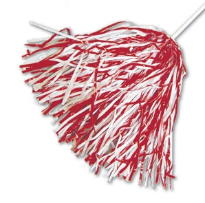a crimson and white shaker pompom on a white stick handle