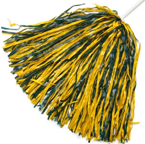 a forest green and gold shaker pompom on a white stick handle