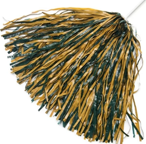 a forest green and gold shaker pompom on a white stick handle