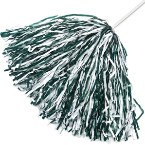 a forest green and white shaker pompom on a white stick handle