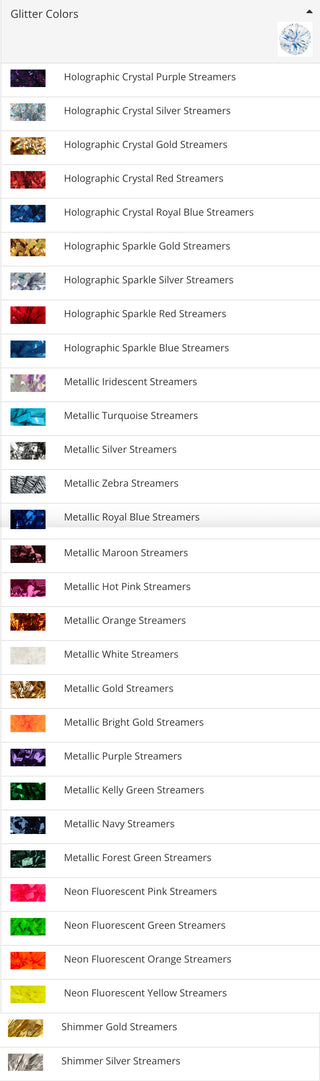 List of glitter streamer colors with corresponding names on a white background