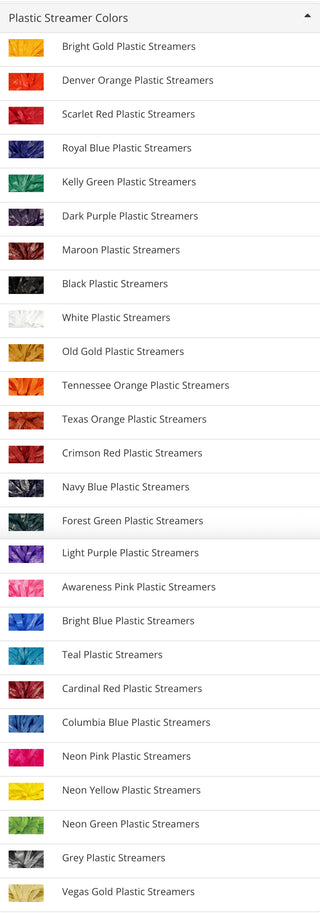 List of various plastic streamer colors with corresponding names.